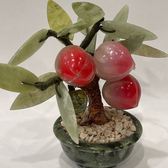 Vintage Asian Mini Bonsai Jade Leaves & Natural Stone Peach Tree Hand Carved - Picture 2 of 15
